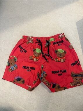Kids Philipp Plein Red Teddy Bear Print Swim Shorts